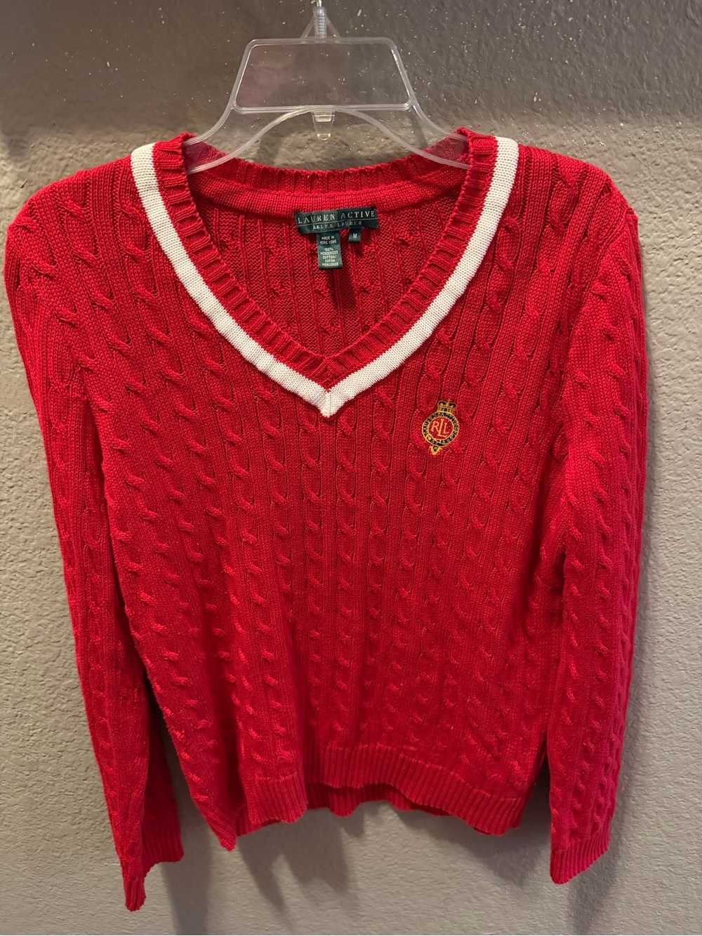Vintage Lauren Active Ralph Lauren Crest Cable Knit V Neck Sweater Red M Cotton